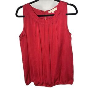 LOFT Blouse Sleeveless Pleated Neckline Bubble Hem Gold Zipper Back Womens M Red
